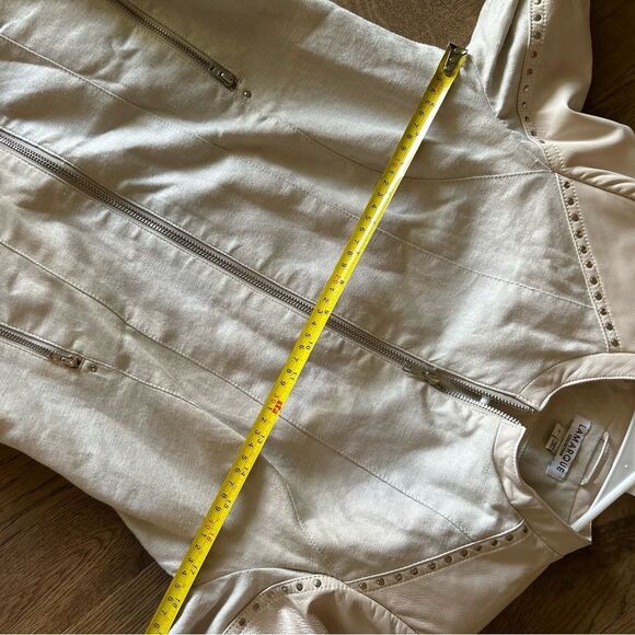 New LaMarque Tan Leather Linen moto biker studded zips Jacket small - Picture 13 of 13